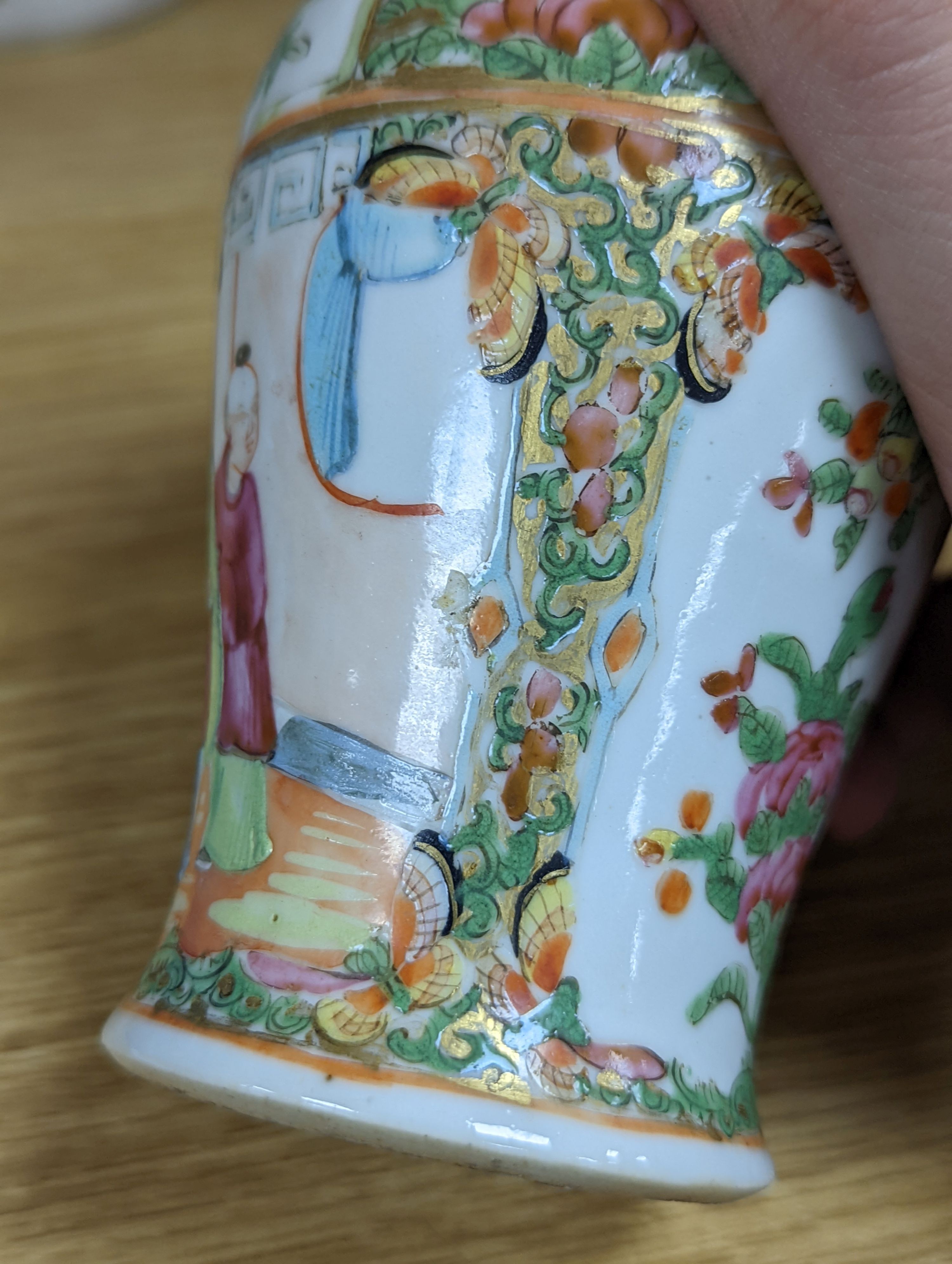 A group of Chinese famille rose vases and jars, a box and cover and a teapot, 19th/20th century, Pair of vases 13 cms high.